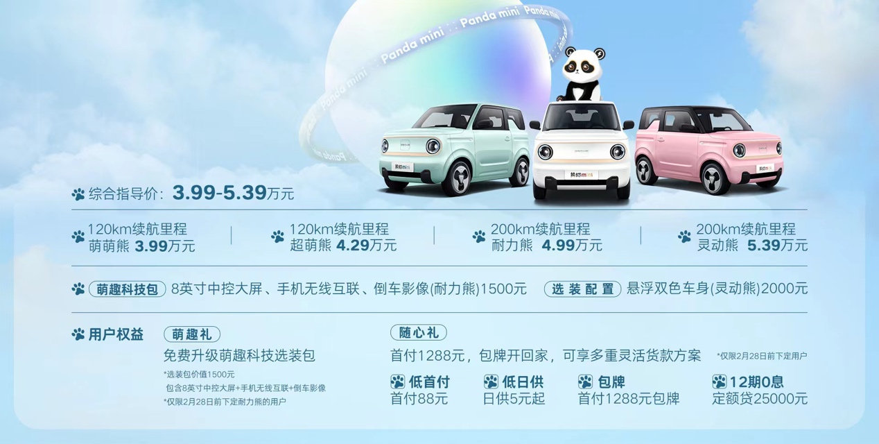 售價3.99萬元起，吉利熊貓mini正式上市