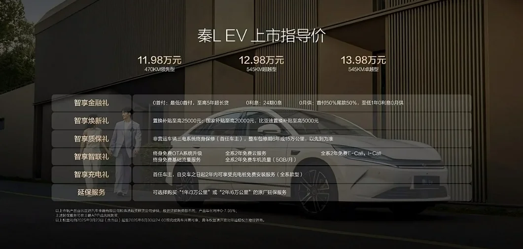 后驅(qū)平權(quán)+智駕平權(quán)！比亞迪秦L EV上市售價11.98萬元起