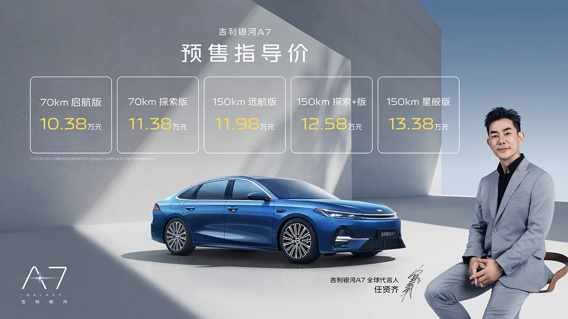 吉利銀河A7預售價10.38萬元起 綜合續航超2100km